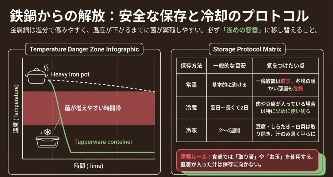菌が増えやすい温度帯を示すグラフと、常温・冷蔵・冷凍それぞれの保存目安をまとめた表。