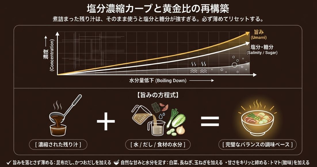 煮詰まった汁をだしや野菜の水分で薄め、完璧なバランスの調味ベースを作るための解説図。