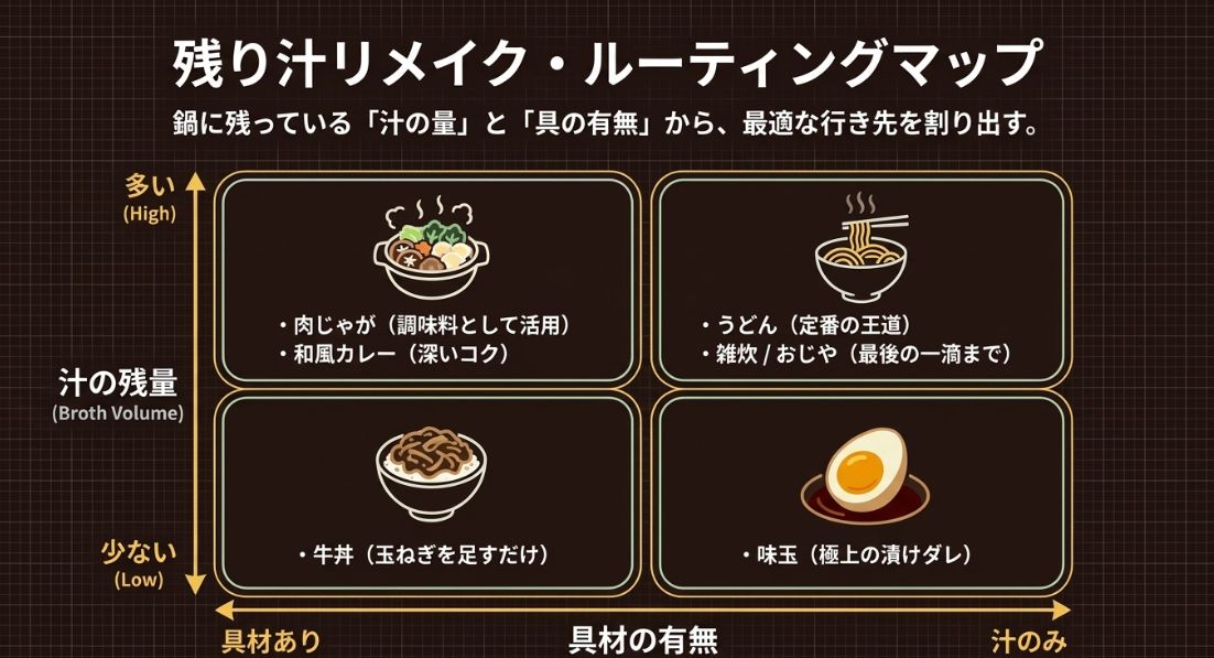 汁の残量と具材の有無から、うどん、カレー、牛丼、味玉など最適なリメイク先を選ぶためのマトリックス図。