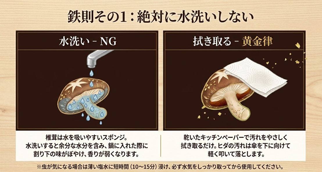 椎茸の下処理について、水洗いがNGであることと、乾いたキッチンペーパーで拭き取ることが黄金律であることを示すイラスト