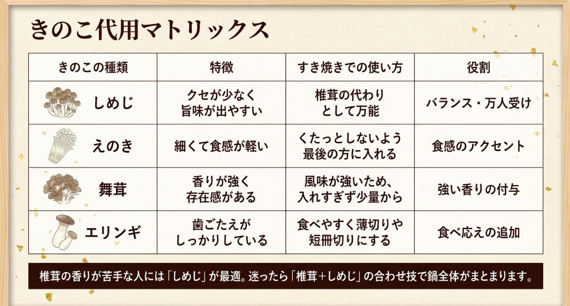 しめじ、えのき、舞茸、エリンギの特徴とすき焼きでの使い方、それぞれの役割をまとめたマトリックス表