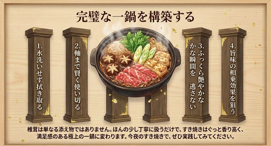 水洗いせず拭き取る、軸まで賢く使い切る、ふっくら艶やかな瞬間を逃さない、旨味の相乗効果を狙うという4つのポイントをまとめた総括スライド
