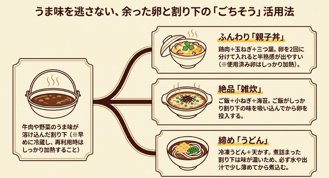 余った割り下と卵を使って作る、親子丼、雑炊、うどんの3つの活用メニューと調理のポイントをイラストで紹介するスライド。