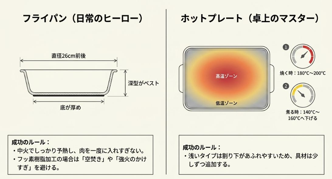 フライパンの理想的なサイズ(26cm前後・底厚)や、ホットプレートの温度設定目安を解説したイラスト。