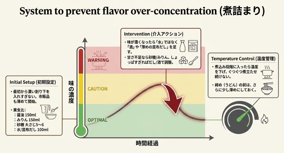 割り下の配合目安(醤油150ml、みりん150ml等)と、時間の経過による味の濃度変化、煮詰まった際の「酒やだし」での調整方法を解説したグラフ。