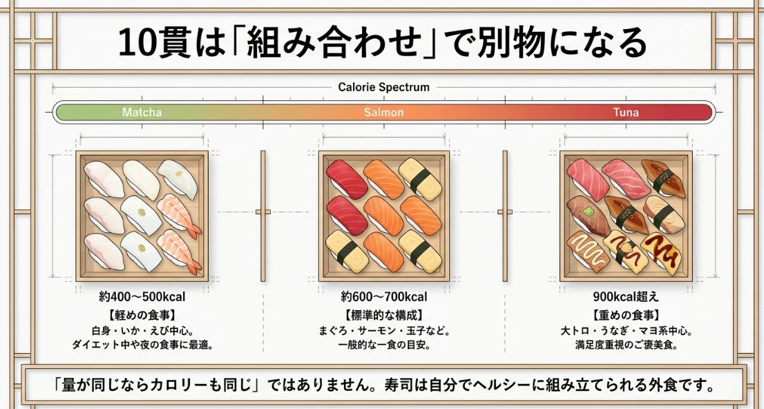 寿司10貫のカロリーを「軽め」「標準」「重め」の3段階で比較したイラスト付きグラフ