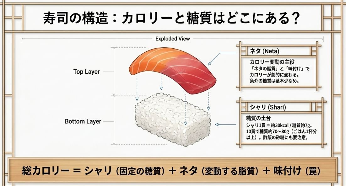 寿司1貫をネタとシャリに分けたイラスト。ネタがカロリー変動の主役、シャリが糖質の土台であることを解説
