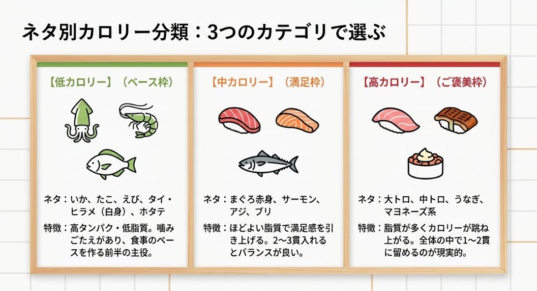 寿司ネタを低・中・高カロリーの3カテゴリに分類し、それぞれの特徴をまとめたリスト