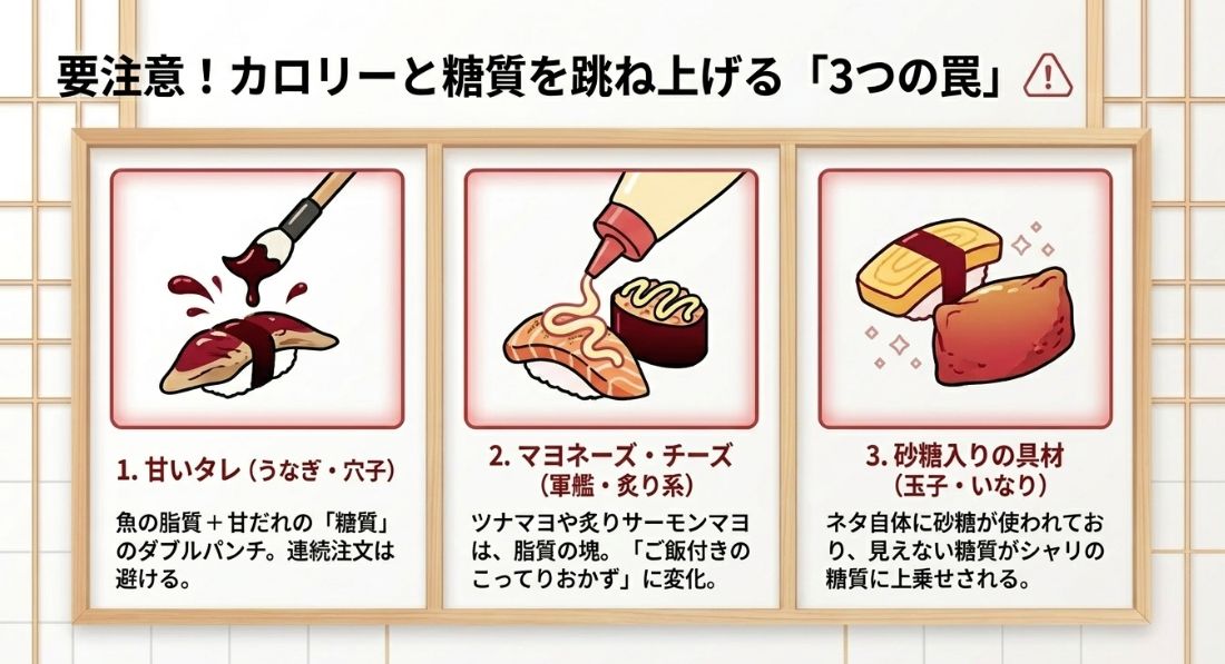 甘いタレ、マヨネーズ・チーズ、砂糖入り具材（玉子・いなり）への注意を促すイラスト