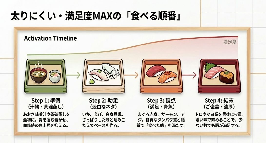 汁物から始まり、淡白なネタ、満足感のあるネタ、濃厚なネタへと進む4ステップの図解