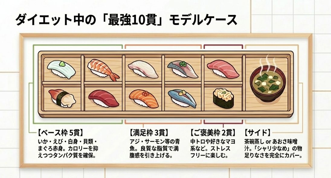 ベース枠5貫、満足枠3貫、ご褒美枠2貫にサイドメニューを加えた理想的な組み合わせ例