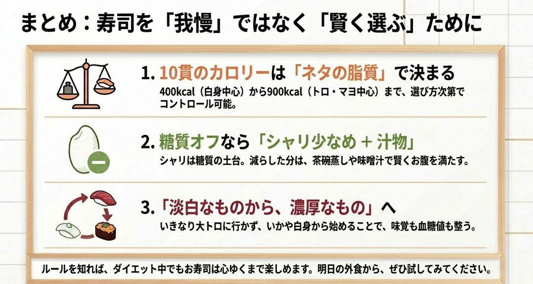ネタの脂質、シャリ少なめの活用、食べる順番の3つの重要ポイントをまとめた図