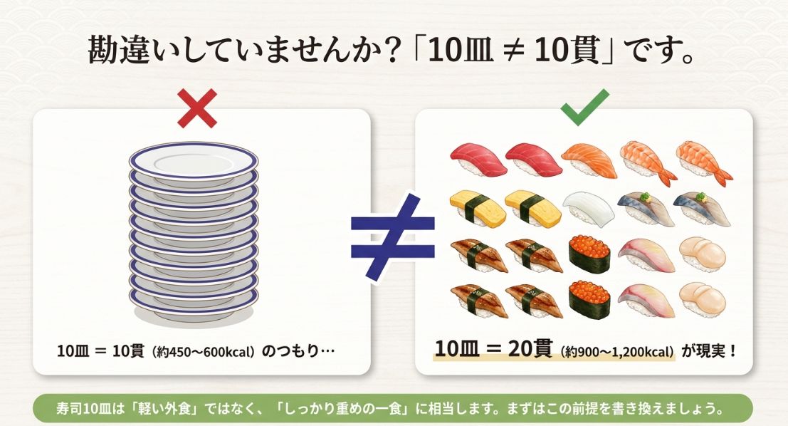 「勘違いしていませんか? 10皿 ≠ 10貫です」という見出しのスライド。
