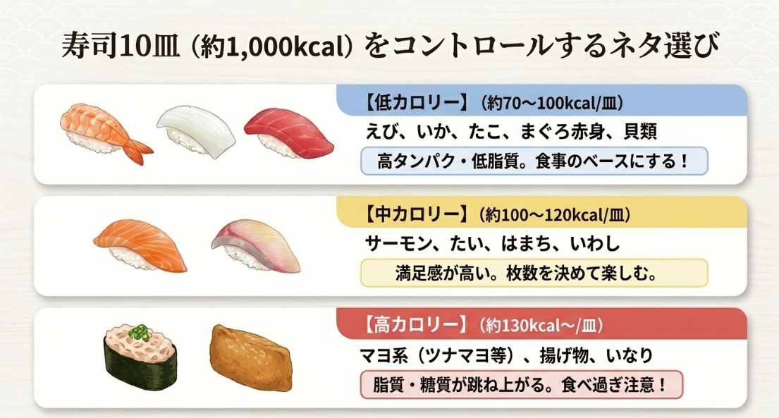 「寿司10皿(約1,000kcal)をコントロールするネタ選び」という見出しのスライド。
