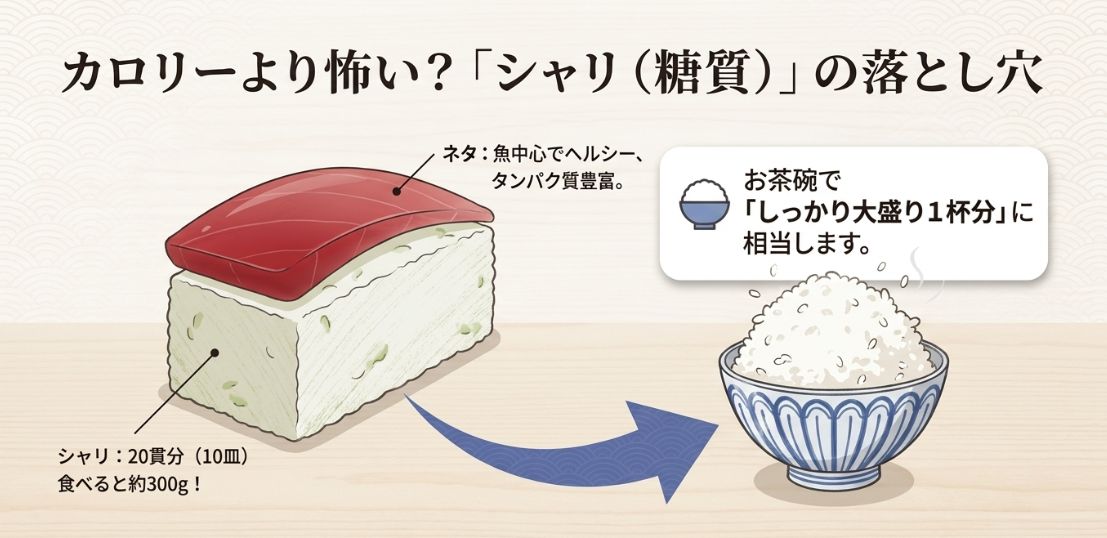 「カロリーより怖い? シャリ(糖質)の落とし穴」という見出しのスライド。