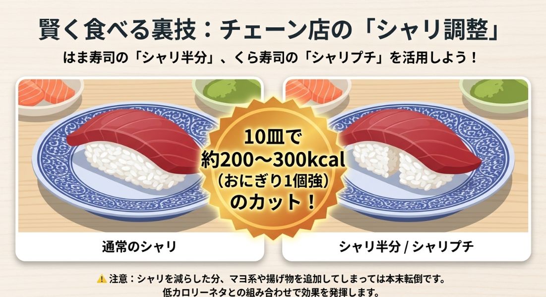 「賢く食べる裏技:チェーン店のシャリ調整」という見出しのスライド。
