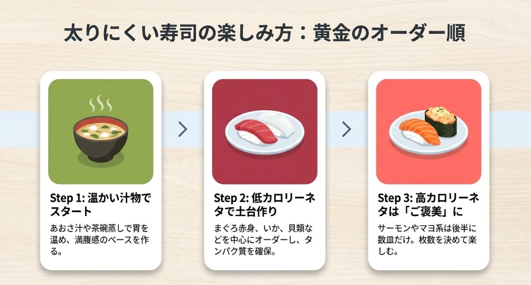 「太りにくい寿司の楽しみ方:黄金のオーダー順」という見出しのスライド。