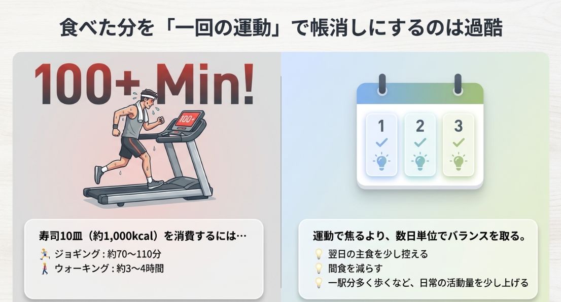 「食べた分を一回の運動で帳消しにするのは過酷」という見出しのスライド。