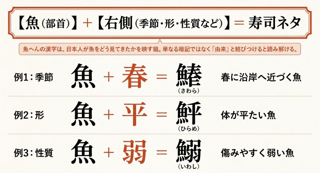 魚へんに「季節・形・性質」を組み合わせることで、鰆（さわら）や鮃（ひらめ）などの漢字が構成されていることを説明する図