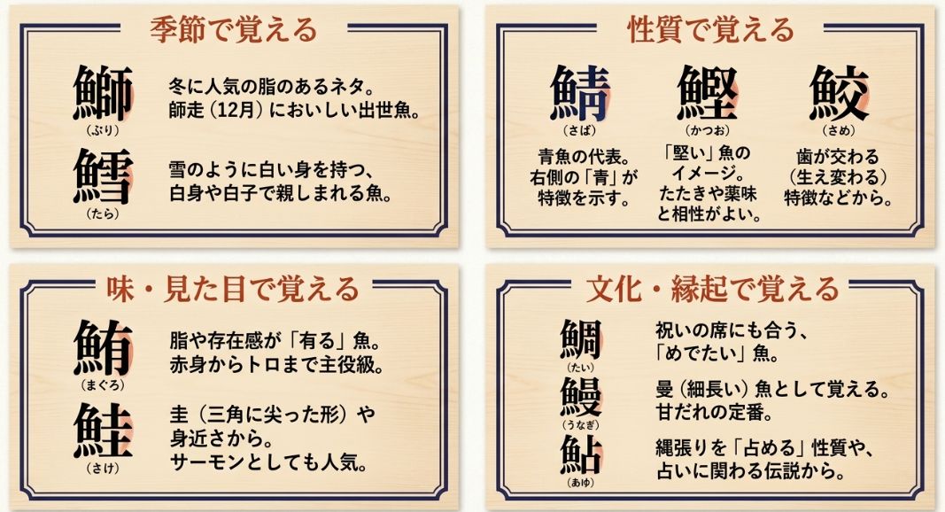 鰤（冬）、鯖（青魚）、鯛（めでたい）など、季節や性質、文化的な背景別に分類された寿司ネタ漢字の覚え方リスト