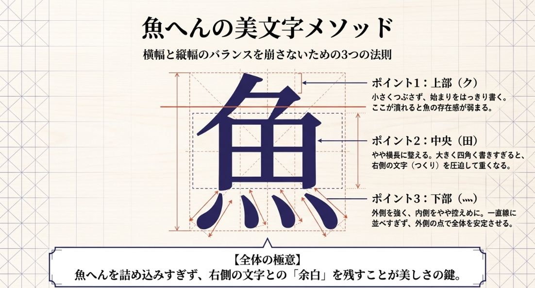 魚へんの上部・中央・下部の書き方のポイントと、右側の文字との余白の重要性を解説した美文字ガイド