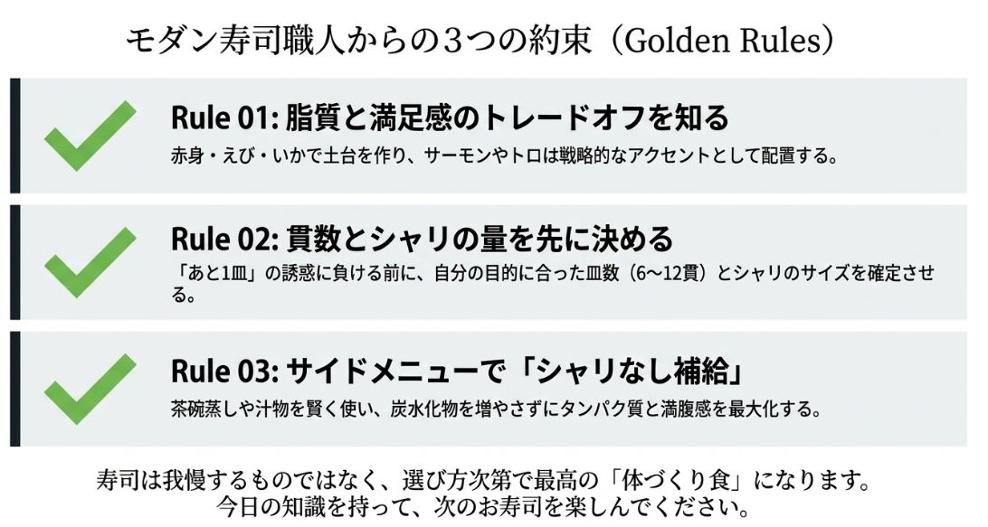 脂質と満足感のトレードオフを知る、貫数とシャリ量を先に決める、サイドメニューを賢く使うという3つのまとめルール。