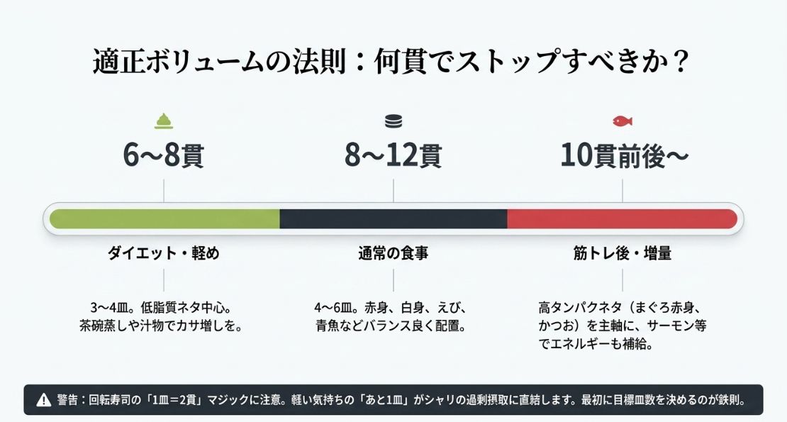 ダイエット（6〜8貫）、通常（8〜12貫）、筋トレ・増量（10貫前後〜）の目的別に適正な皿数とネタの選び方を解説する表。