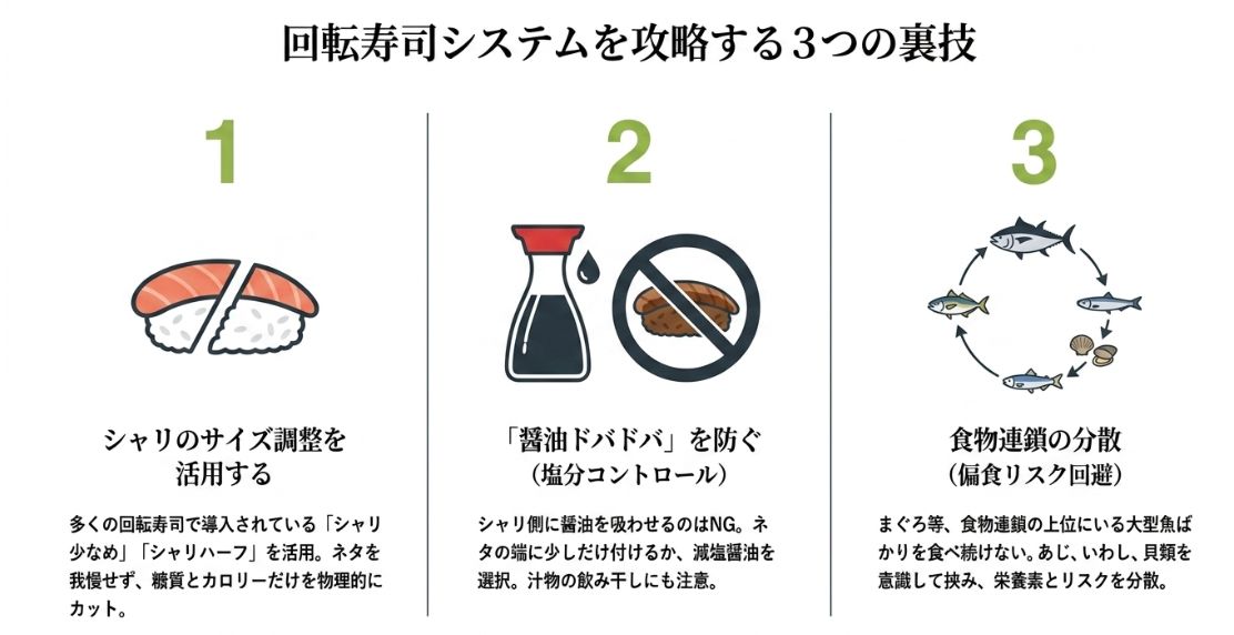 シャリのサイズ調整、醤油（塩分）コントロール、食物連鎖の分散（大型魚に偏らない）という3つの攻略法をイラスト付きで解説。