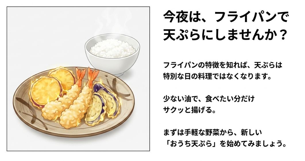 皿に盛られたサクサクの天ぷらとご飯のイラスト。