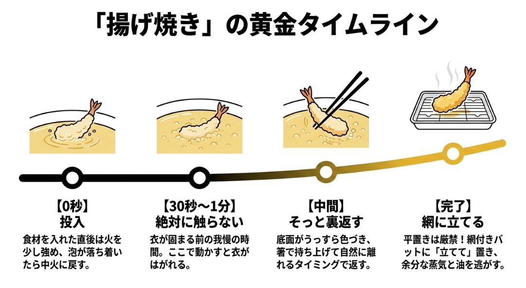 天ぷらを投入してから、触らずに我慢し、裏返して網に立てるまでのタイムライン。
