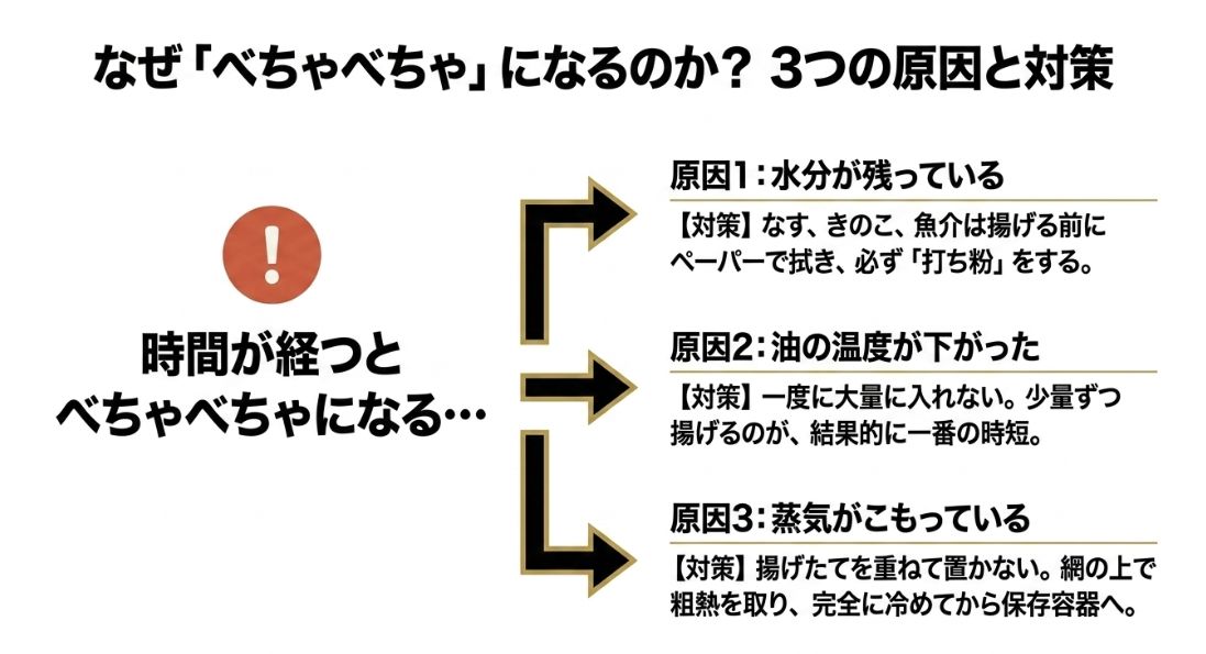 天ぷらがべちゃべちゃになる3つの原因(水分、温度低下、蒸気)とそれぞれの対策。
