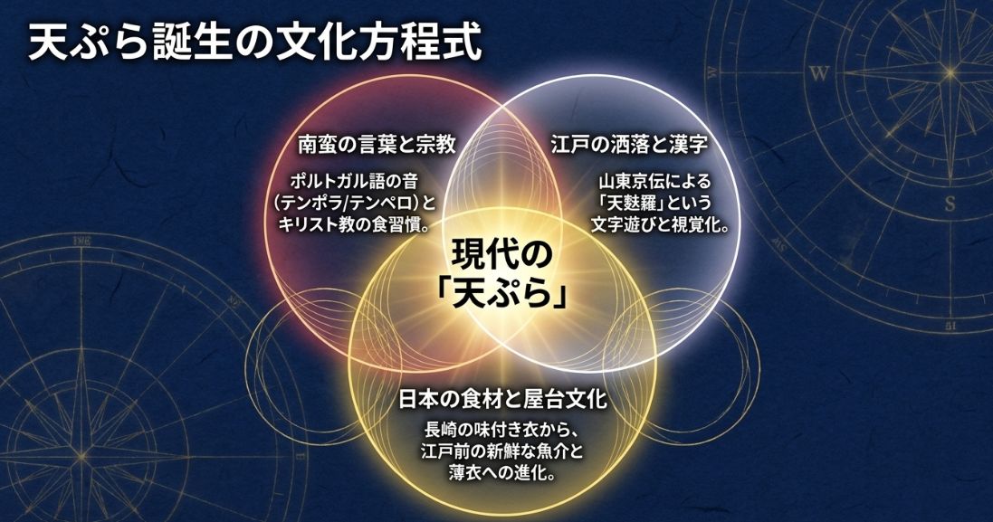 南蛮の言葉、江戸の洒落、日本の食材が融合して現代の天ぷらが完成したプロセスをまとめた図解。