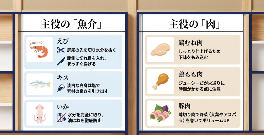 えびの水分抜きやいかの切れ目、鶏むね肉の下味など、魚介と肉をおいしく安全に揚げるための下準備をまとめたスライド。