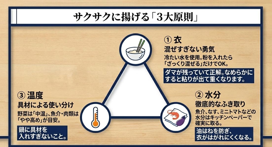 ①衣（混ぜすぎない）、②水分（徹底的にふき取る）、③温度（具材で使い分ける）の3つの重要ポイントを解説したスライド。