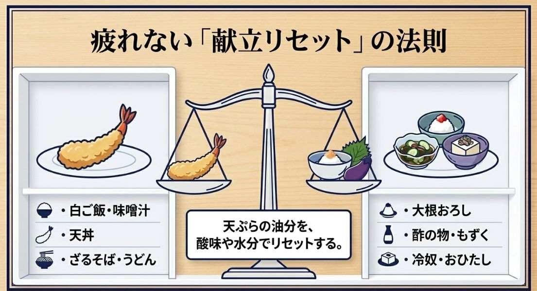 天ぷらの油分をリセットするための副菜（大根おろし、酢の物など）と、主食・汁物の組み合わせ例をまとめたスライド。