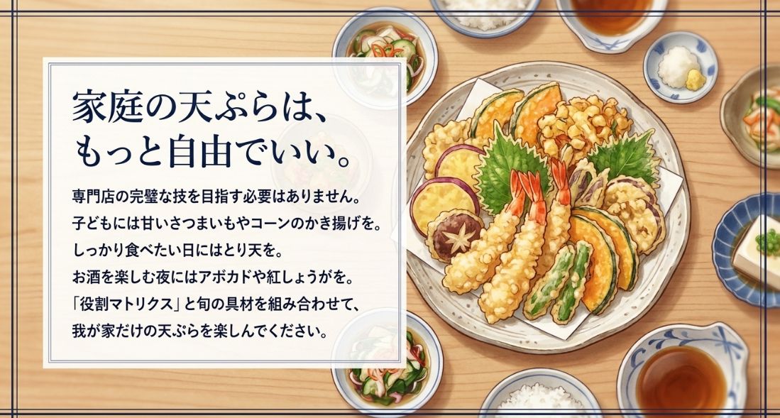 「家庭の天ぷらは、もっと自由でいい。」というメッセージとともに、役割マトリクスを活用して自分たちらしい天ぷらを楽しむことを提案するまとめスライド。