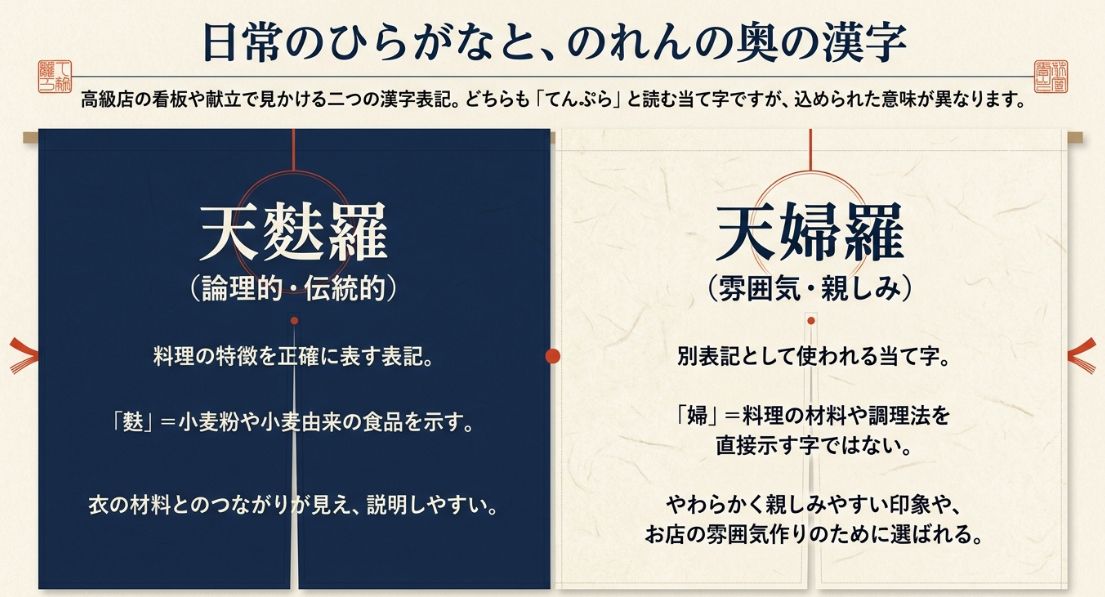 天麩羅と天婦羅の違いを解説する図解。天麩羅は論理的で料理の特徴を表し、天婦羅は親しみやすさや雰囲気で作られる当て字であることを示している。