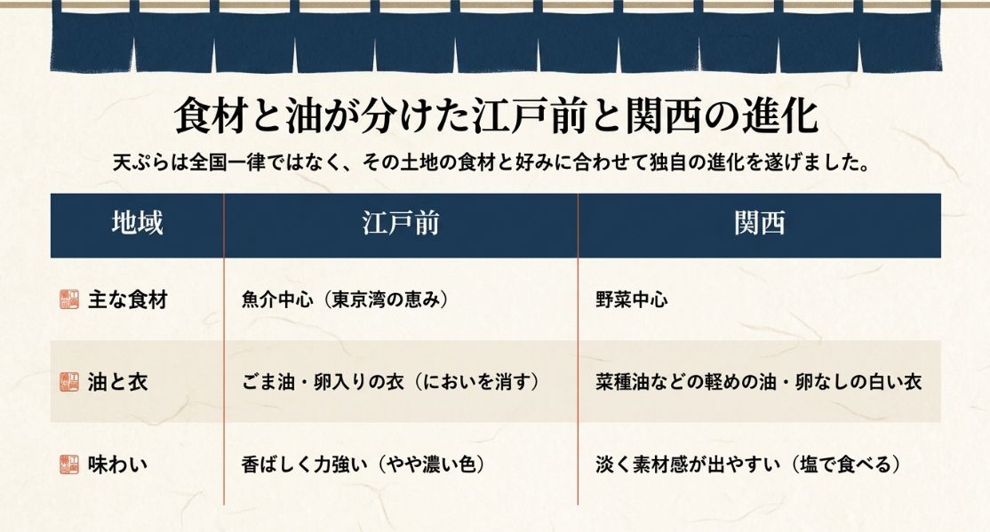 江戸前と関西の天ぷらの進化の違いを比較した表。江戸前は魚介中心でごま油を使用し、関西は野菜中心で菜種油を使用するという特徴をまとめている。