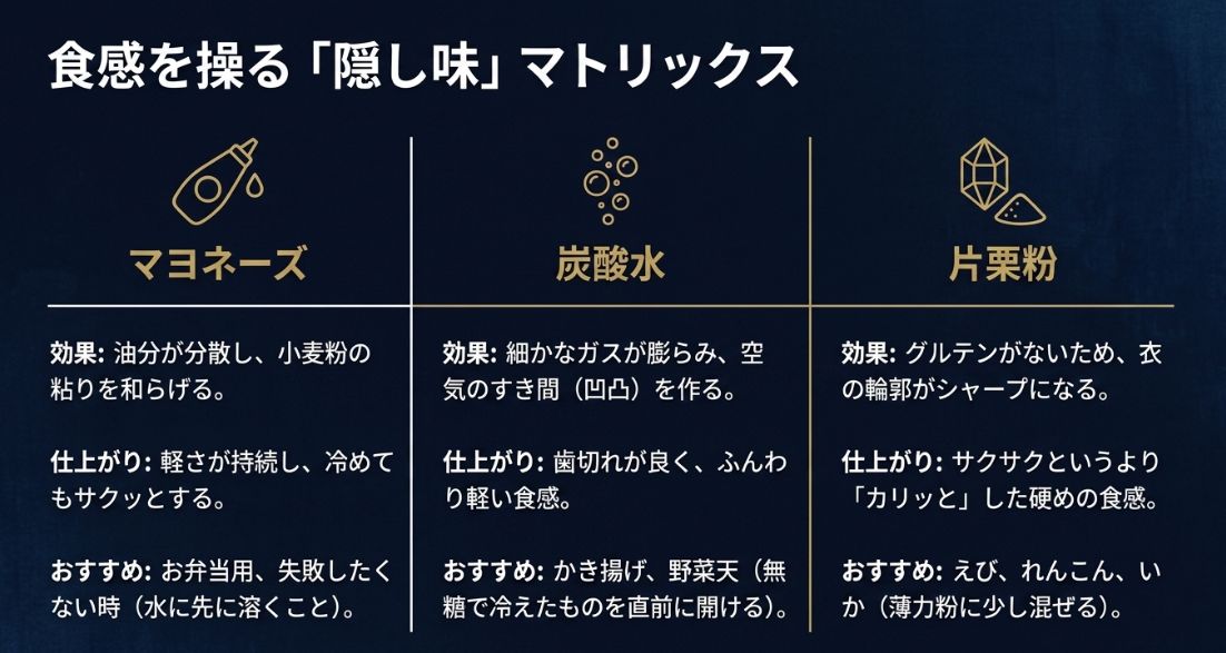 マヨネーズ、炭酸水、片栗粉のそれぞれの効果、仕上がり、おすすめの具材を比較した表 。