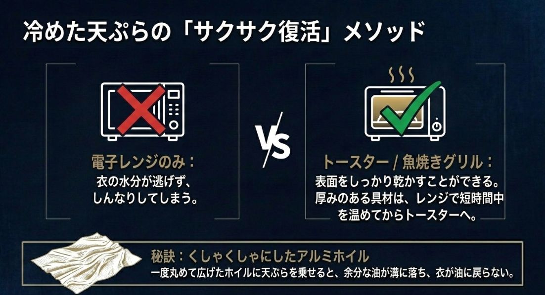 電子レンジではなくトースターやグリルを推奨し、くしゃくしゃにしたアルミホイルを使うことで余分な油を落とす方法の解説 。