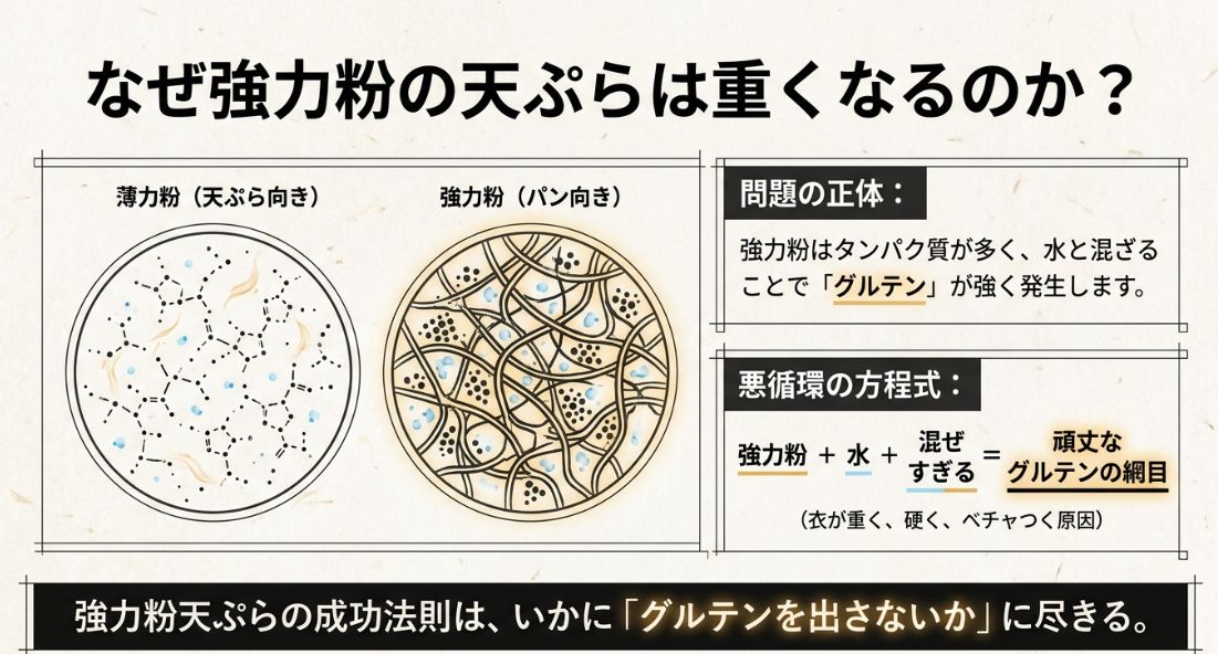 薄力粉と強力粉の分子構造の比較図。強力粉に水と混ぜる工程が加わると、頑丈なグルテンの網目が発生し、衣が重くなる原因になることを説明する図解。