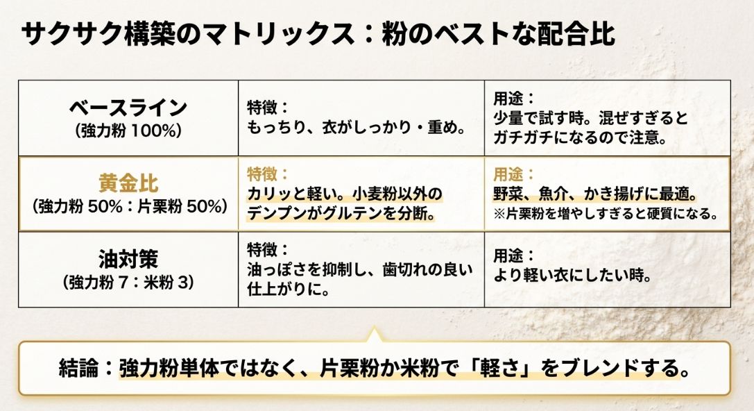 強力粉100%のベースライン、強力粉と片栗粉5対5の黄金比、強力粉と米粉7対3の油対策など、用途別の粉の配合比率をまとめた表。