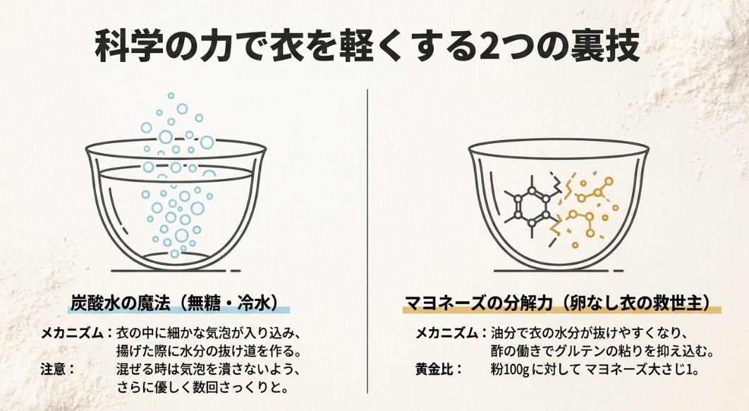 炭酸水の気泡が水分の抜け道を作る図と、マヨネーズの油分と酢がグルテンを抑える仕組みを解説したイラスト。
