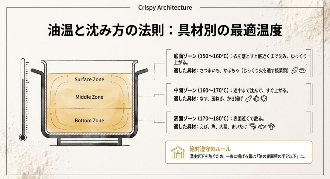 150℃から180℃までの油温のゾーン別に、適した具材(根菜、野菜、魚介)と衣の沈み方を解説したイラスト。