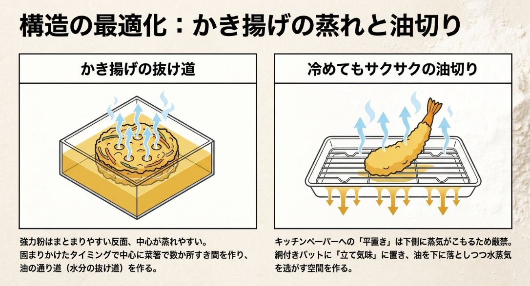 かき揚げの中心に穴を開けて水分の抜け道を作る方法と、網付きバットに立てて置いて蒸気を逃がす油切りの方法を示した図。