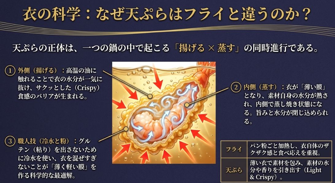 高温の油で衣の水分を抜く「揚げる」工程と、衣の中で素材を蒸し焼きにする「蒸す」工程が同時に進行する科学的仕組みを図解したイラスト。