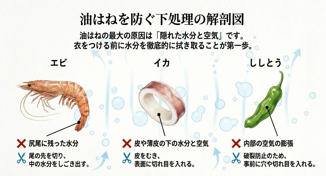 エビの尾を切る、イカの皮をむき切れ目を入れる、ししとうに穴を開けるなど、油はねの原因となる水分と空気を取り除くための具体的な下処理方法の図解。