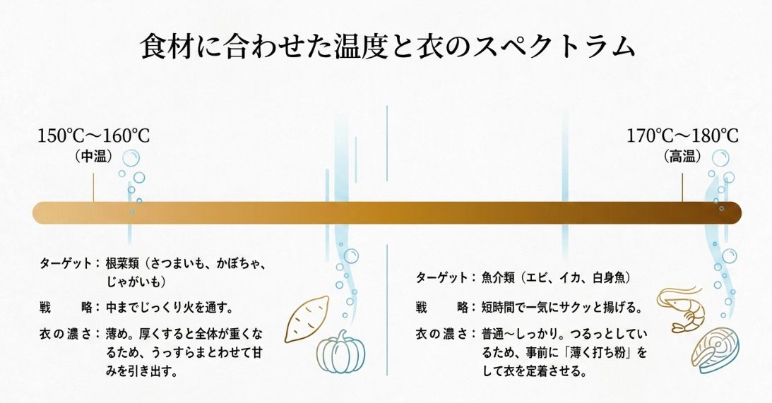 根菜類は中温(150-160℃)で薄めの衣、魚介類は高温(170-180℃)で打ち粉をして普通〜しっかりめの衣で揚げるという温度・衣の使い分けチャート。