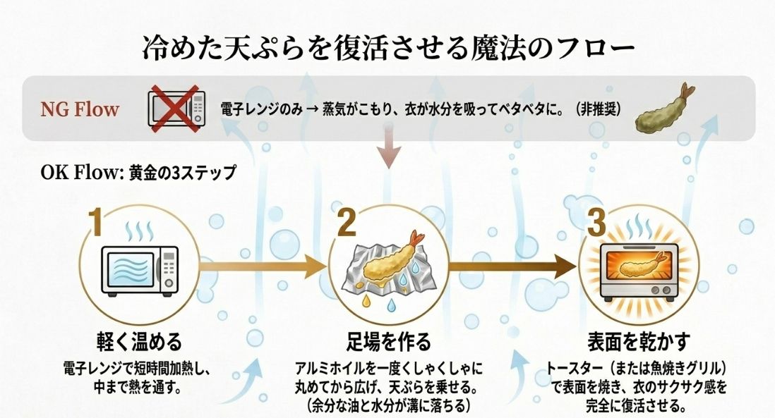 天ぷらの温め直し。1.レンジで軽く温める、2.くしゃくしゃにしたアルミホイルに乗せる、3.トースターで表面を焼くという、サクサク感を復活させる手順の図解。