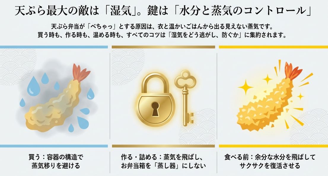 天ぷら最大の敵は「湿気」。鍵は「水分と蒸気のコントロール」として、買う時、作る・詰める時、食べる前の各シーンにおける湿気対策の重要性をまとめたスライド。